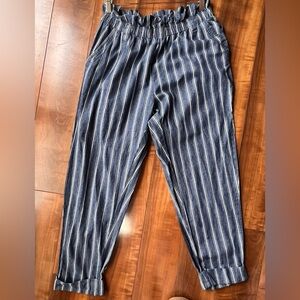Indigo Stripe Denim Relaxed Fit Pants  L Elastic Waist Paperbag Cuffed Hem